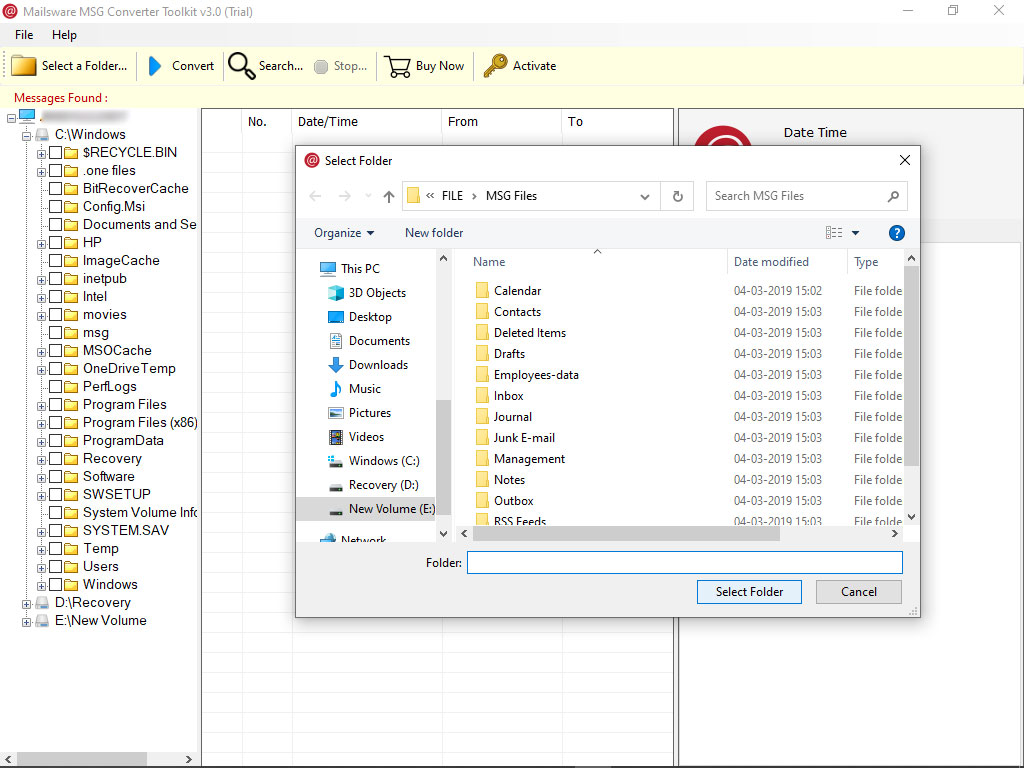 MSG file folder selection